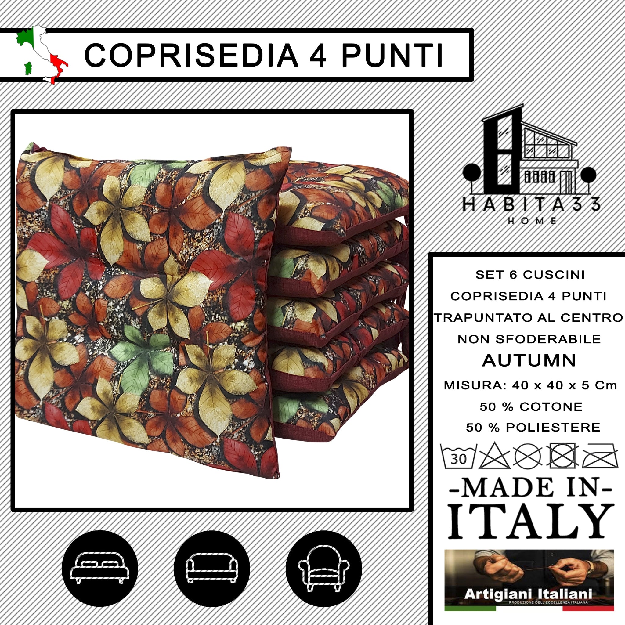 Set 6 Cuscini per Sedie da Cucina con Stampa Digitale 40x40x5 cm Made in Italy (Autumn)