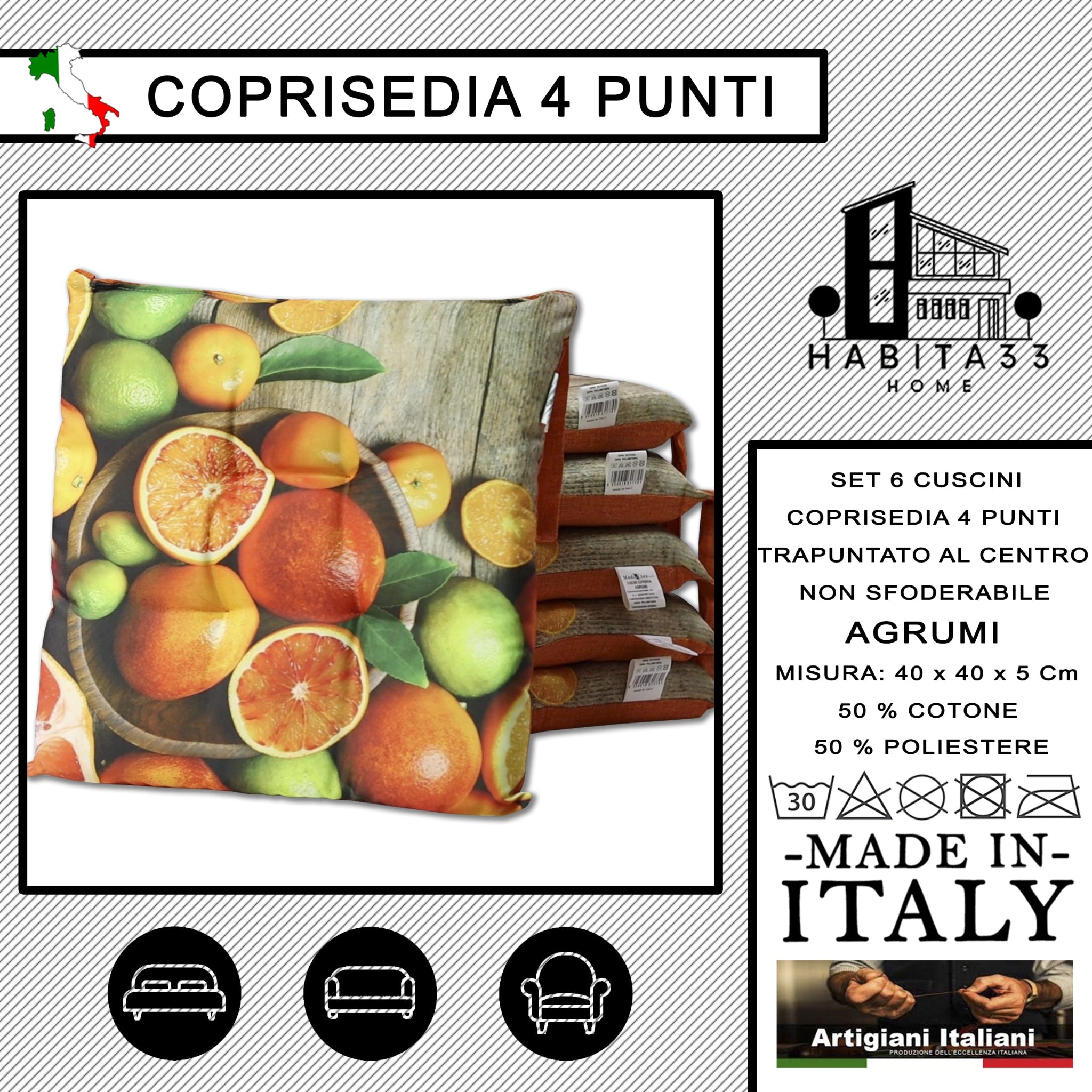 Set 6 Cuscini per Sedie da Cucina con Stampa Digitale 40x40x5 cm Made in Italy (Agrumi)