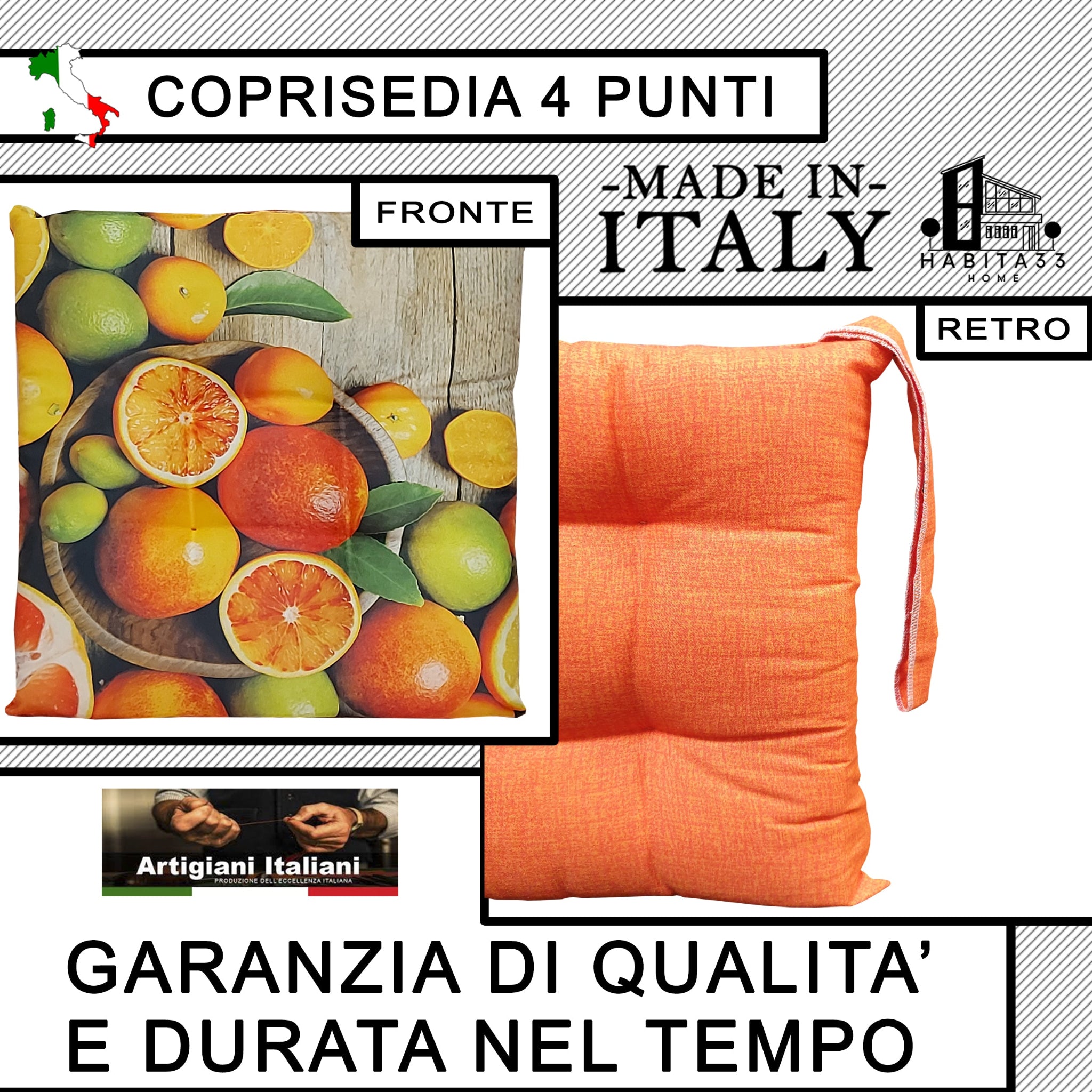 Set 6 Cuscini per Sedie da Cucina con Stampa Digitale 40x40x5 cm Made in Italy (Agrumi)