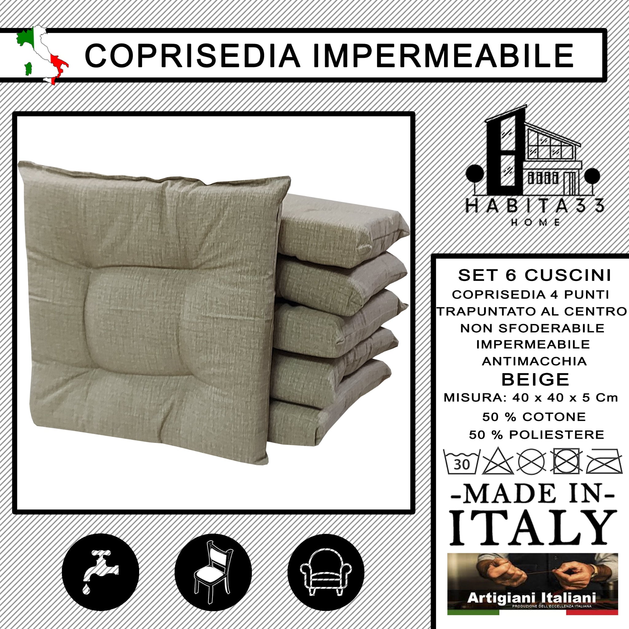 Set 6 Cuscini per Sedie da Cucina Idrorepellenti 40x40x5 cm – Double Face Made in Italy (Beige)