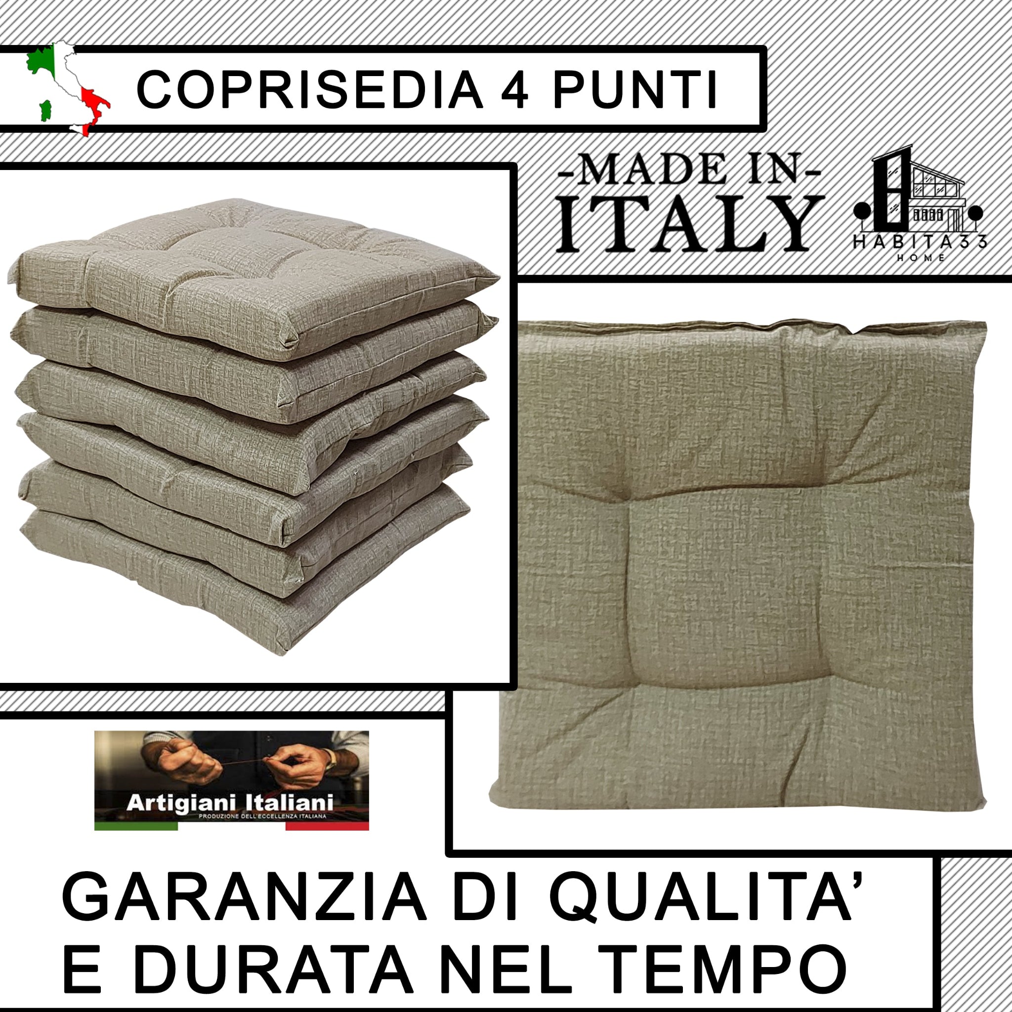 Set 6 Cuscini per Sedie da Cucina Idrorepellenti 40x40x5 cm – Double Face Made in Italy (Beige)