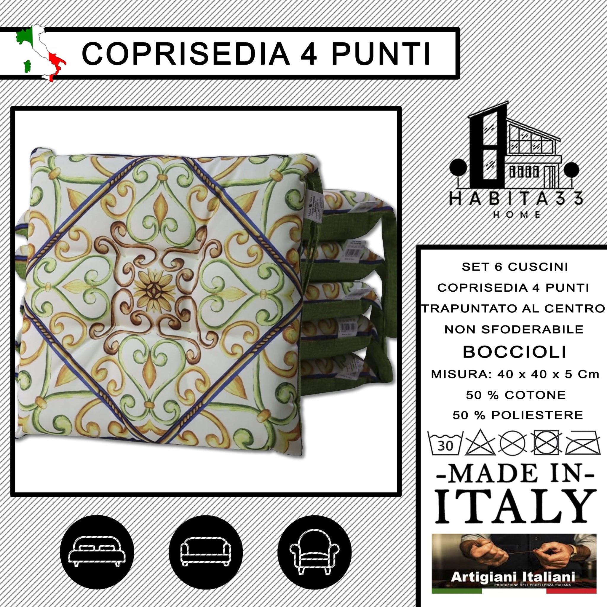 Set 6 Cuscini per Sedie da Cucina con Stampa Digitale 40x40x5 cm Made in Italy (Boccioli)