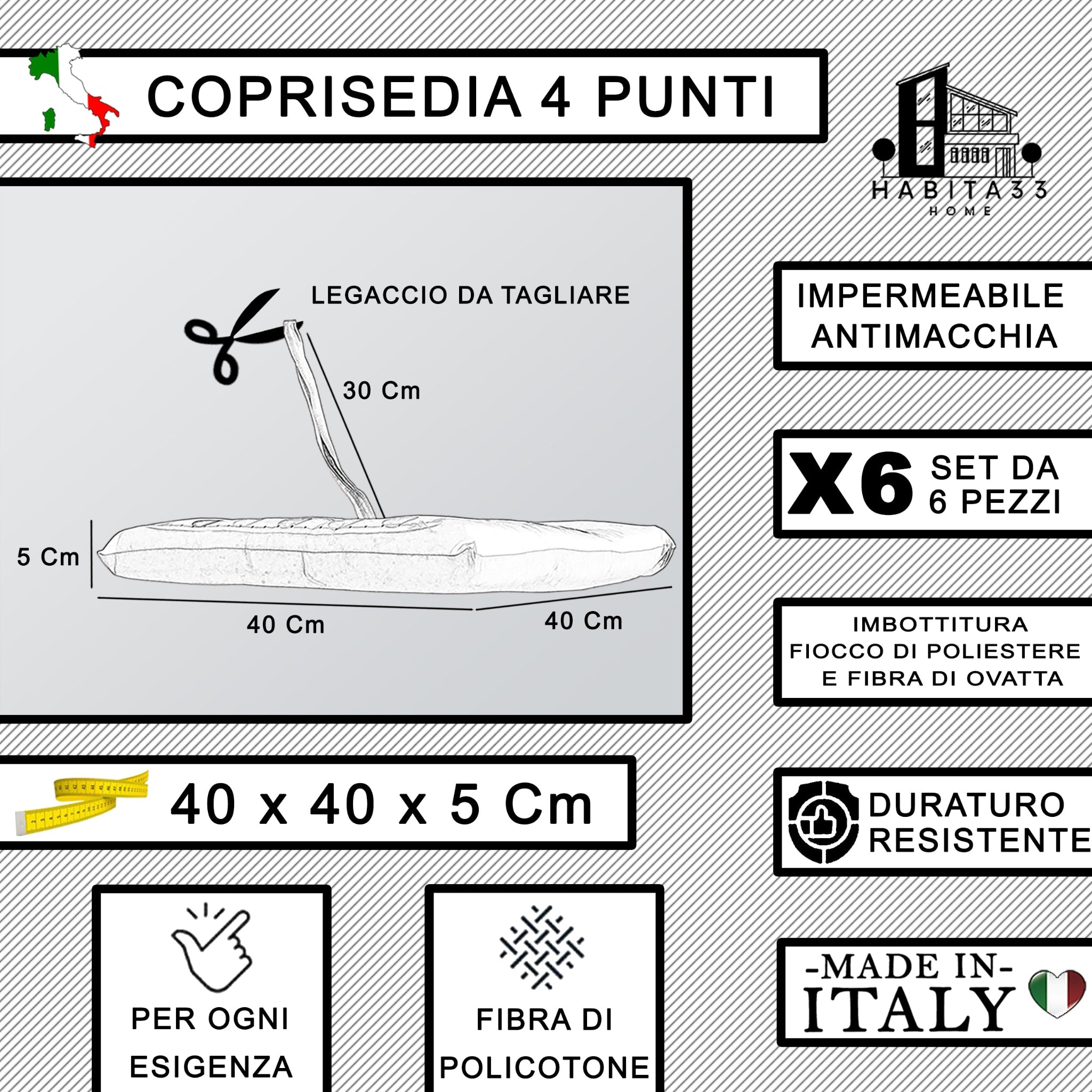 Set 6 Cuscini per Sedie da Cucina Idrorepellenti 40x40x5 cm – Double Face Made in Italy (Grigio Chiaro)