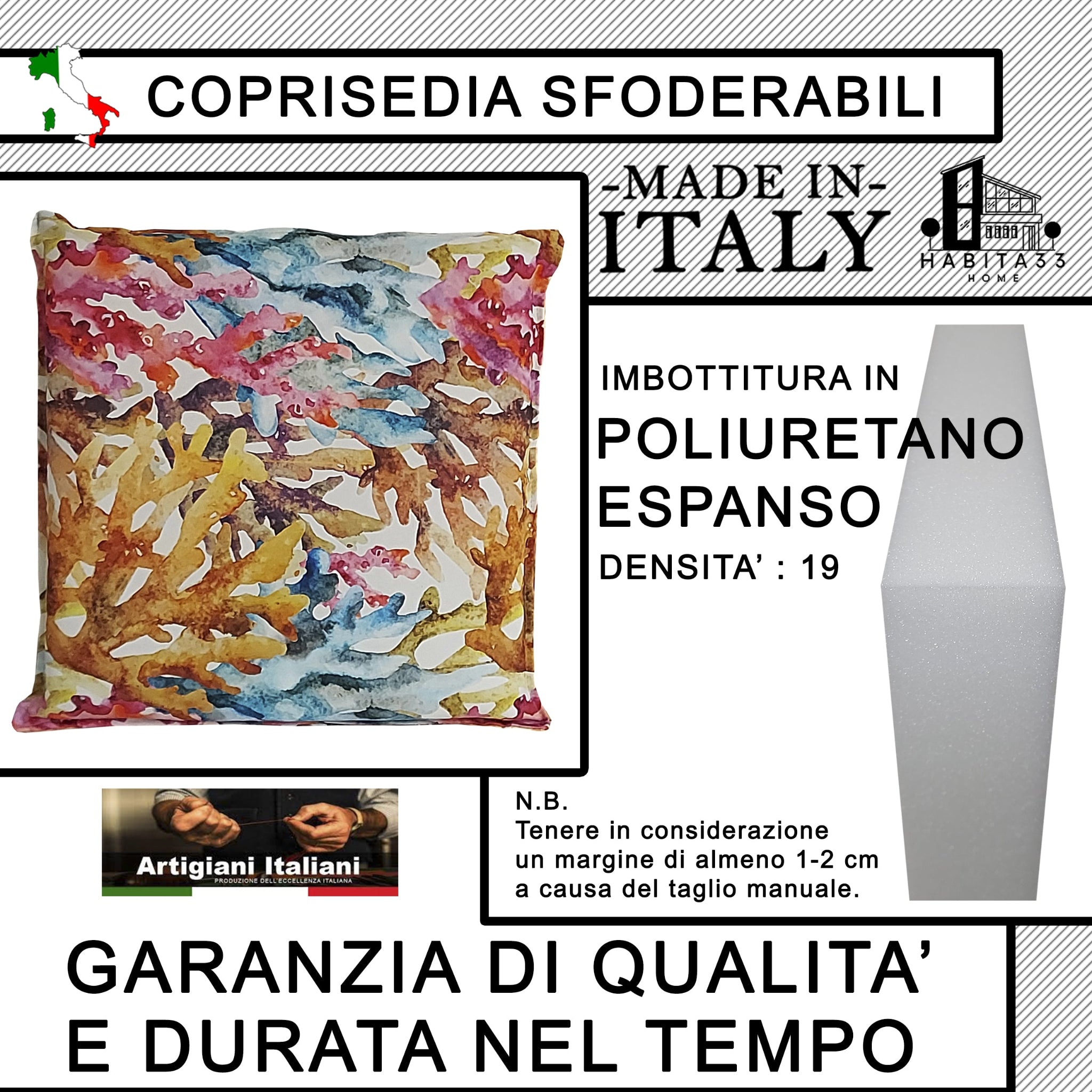 Set Cuscini per Sedie Quadrati Sfoderabili con Stampa Digitale Double Face (Corallino) – Made in Italy