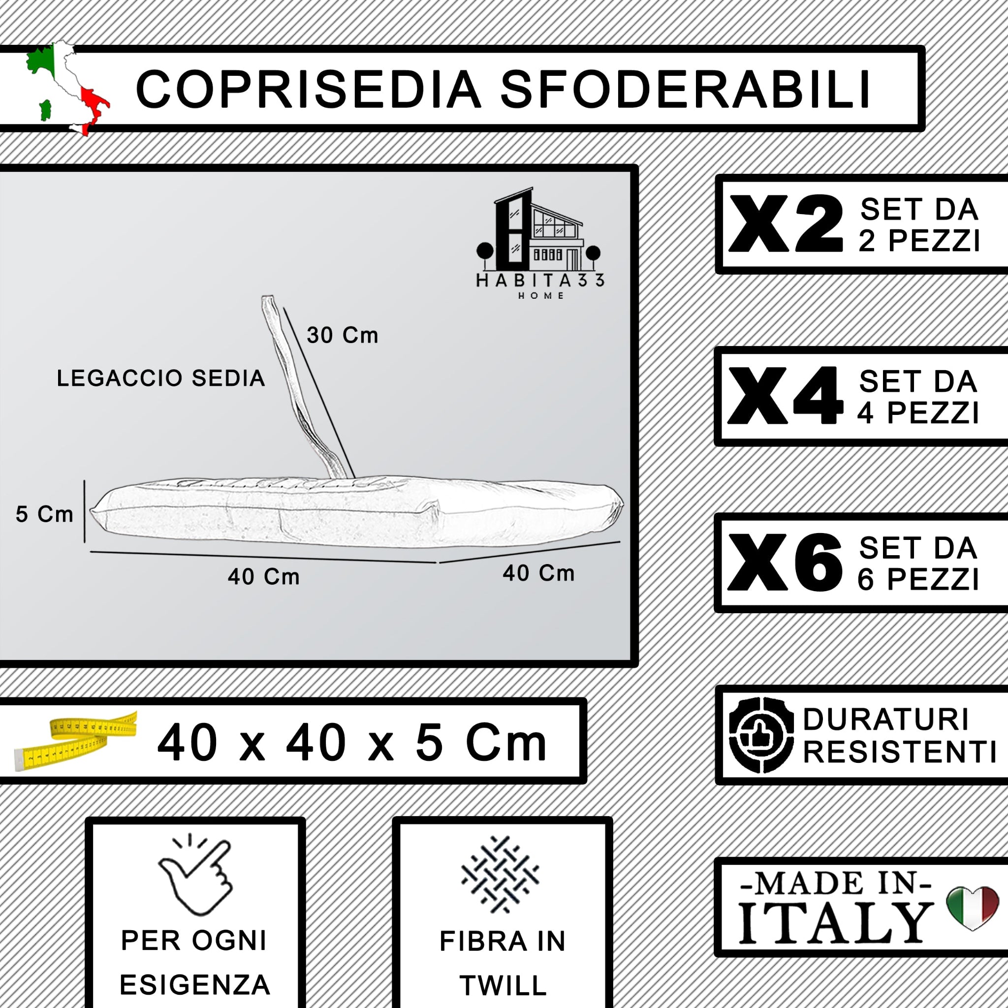 Set Cuscini per Sedie Quadrati Sfoderabili con Stampa Digitale Double Face (Giglio Bianco) – Made in Italy