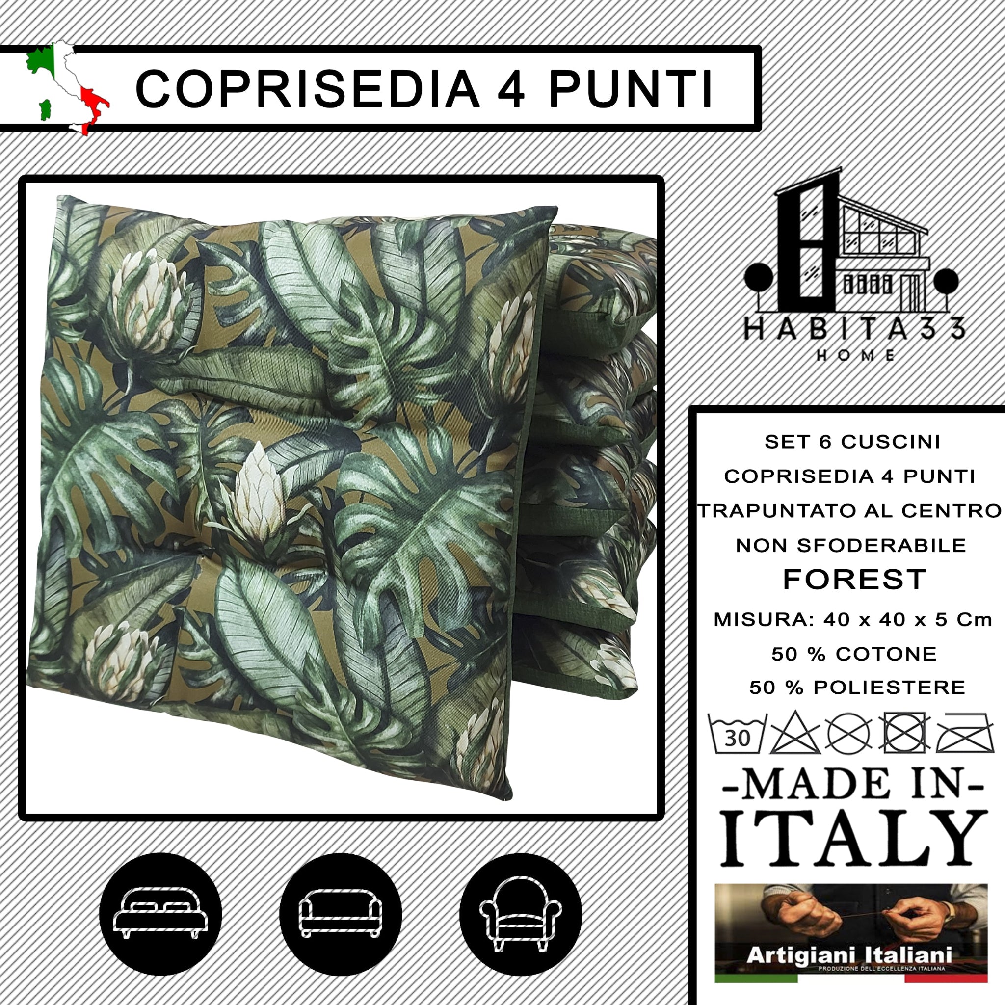 Set 6 Cuscini per Sedie da Cucina con Stampa Digitale 40x40x5 cm Made in Italy (Forest)