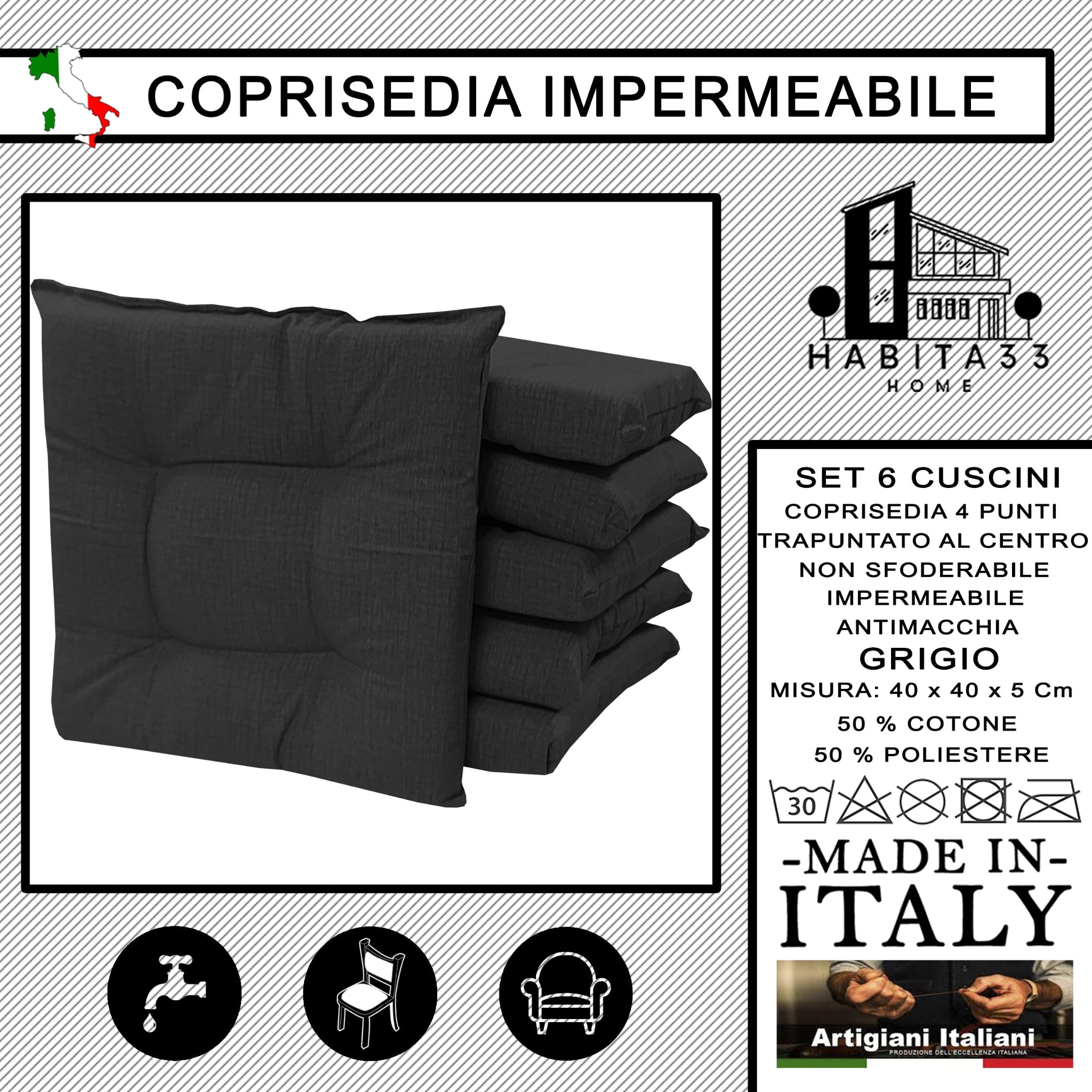 Set 6 Cuscini per Sedie da Cucina Idrorepellenti 40x40x5 cm – Double Face Made in Italy (Grigio)