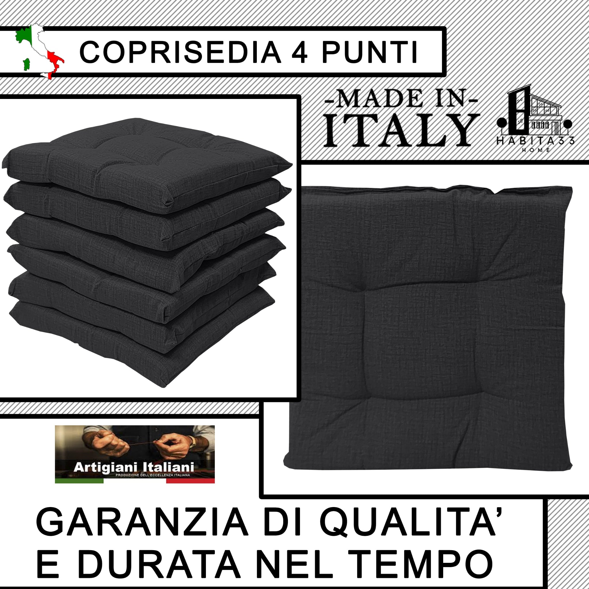 Set 6 Cuscini per Sedie da Cucina Idrorepellenti 40x40x5 cm – Double Face Made in Italy (Grigio)
