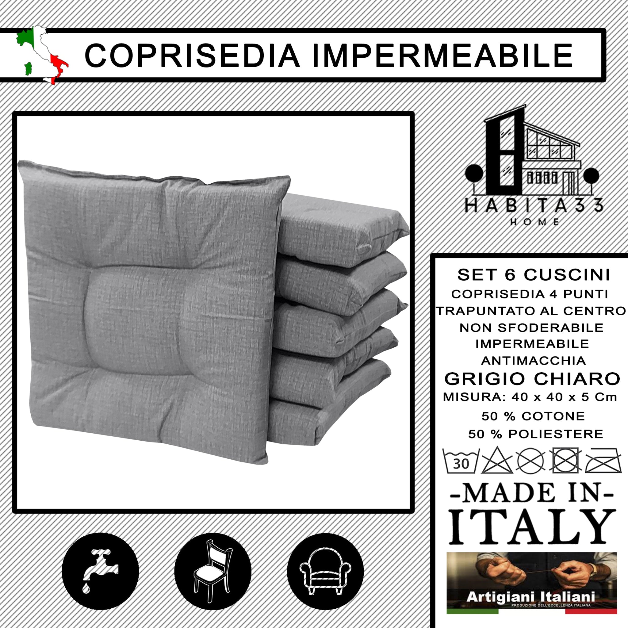 Set 6 Cuscini per Sedie da Cucina Idrorepellenti 40x40x5 cm – Double Face Made in Italy (Grigio Chiaro)