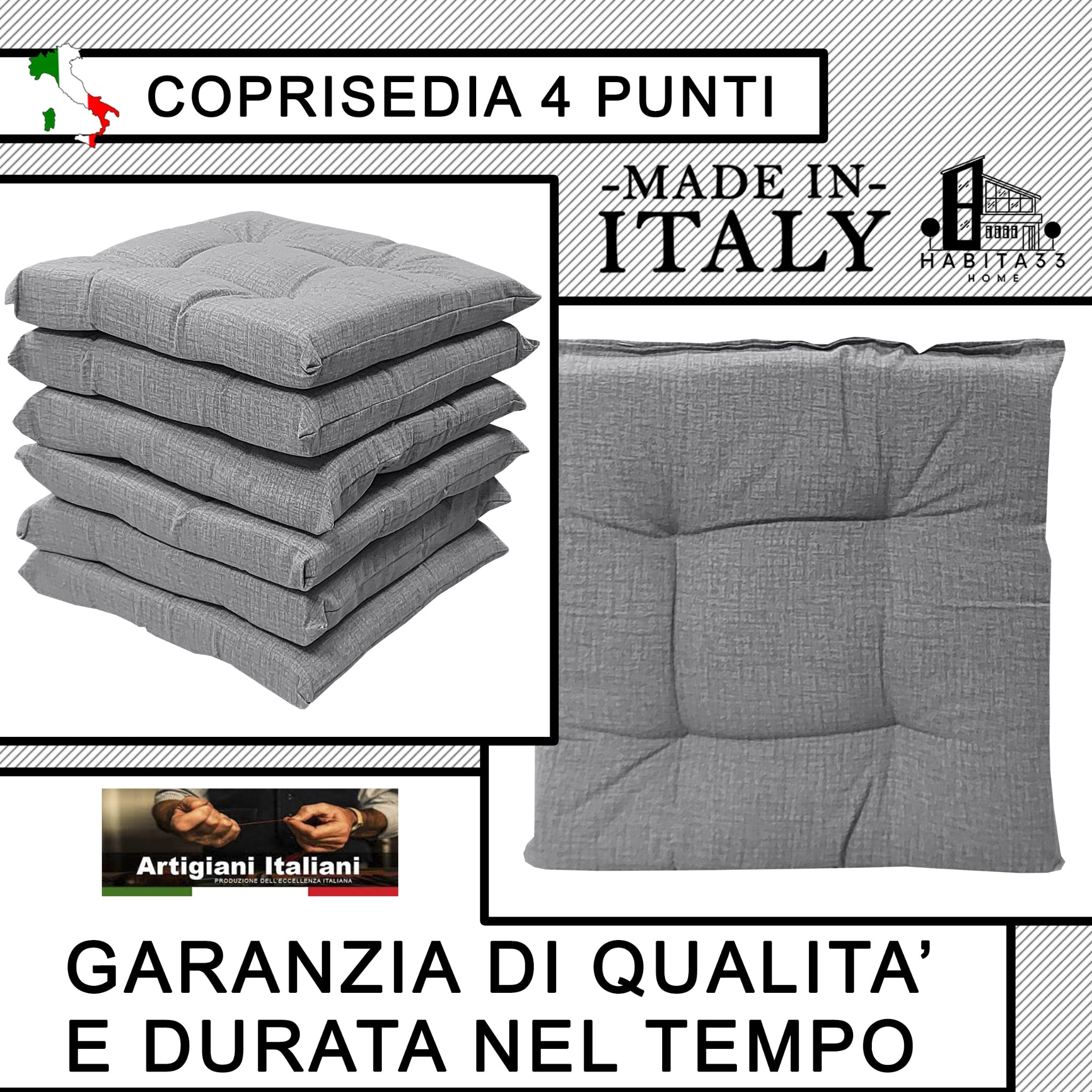 Set 6 Cuscini per Sedie da Cucina Idrorepellenti 40x40x5 cm – Double Face Made in Italy (Grigio Chiaro)