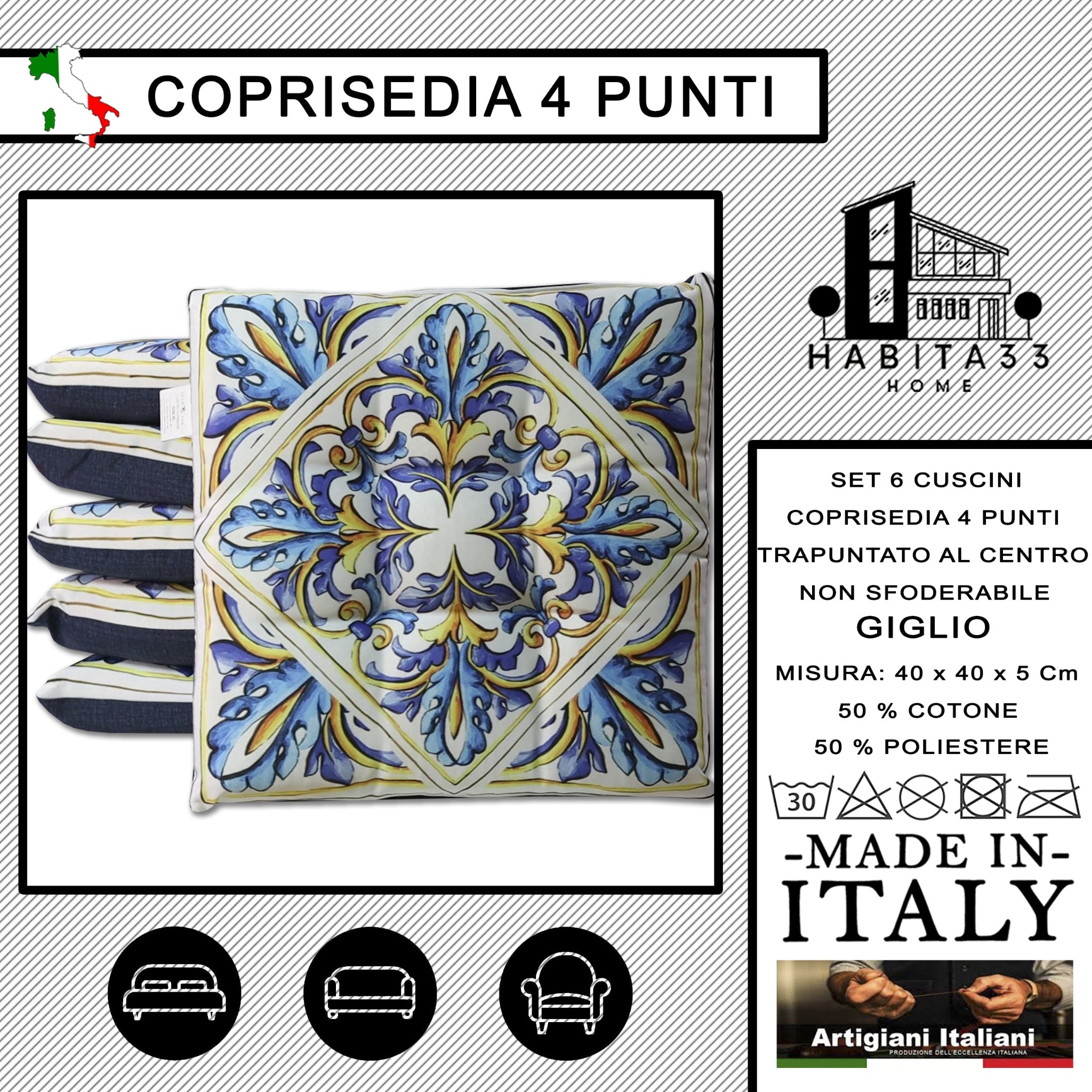 Set 6 Cuscini per Sedie da Cucina con Stampa Digitale 40x40x5 cm Made in Italy (Giglio)