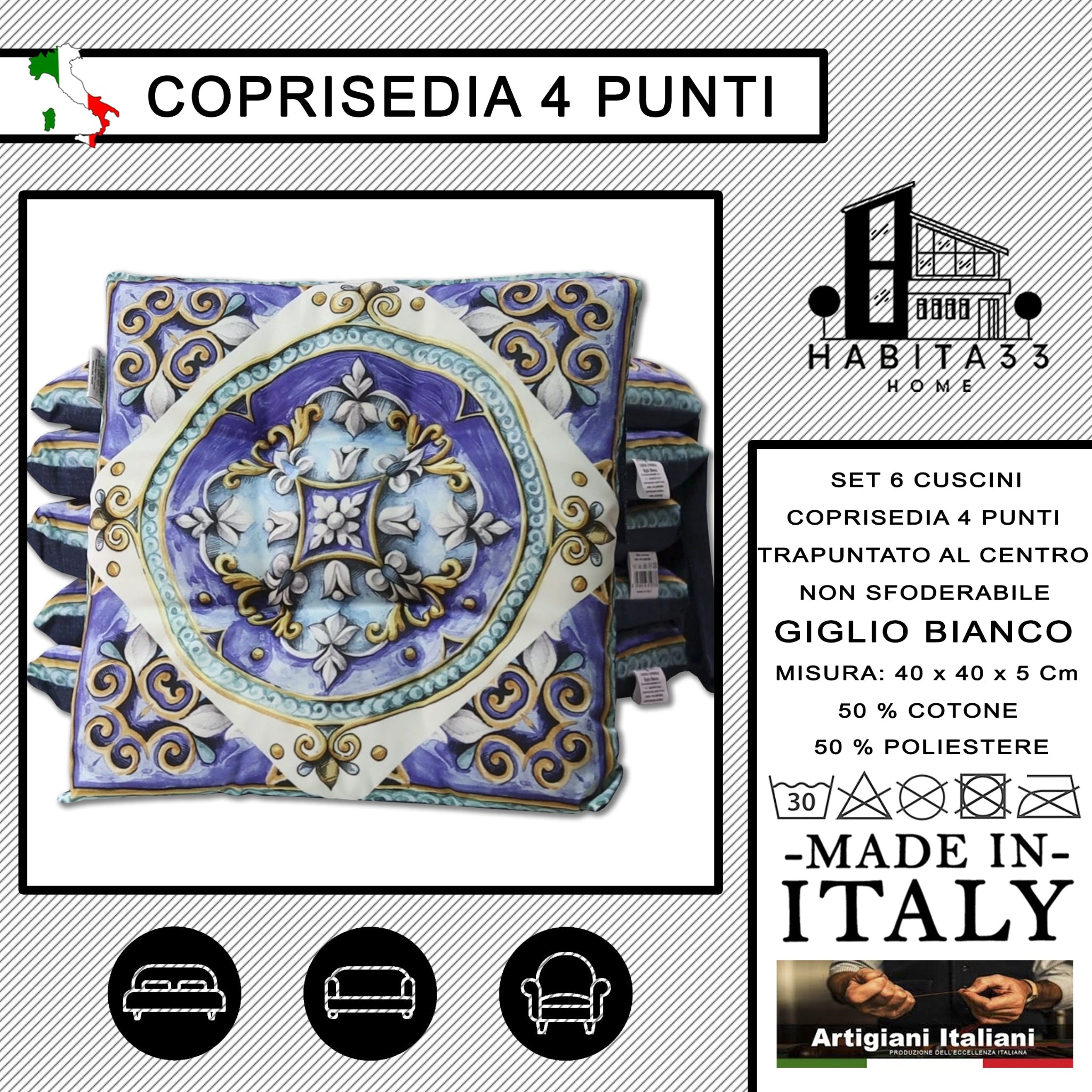 Set 6 Cuscini per Sedie da Cucina con Stampa Digitale 40x40x5 cm Made in Italy (Giglio Bianco)