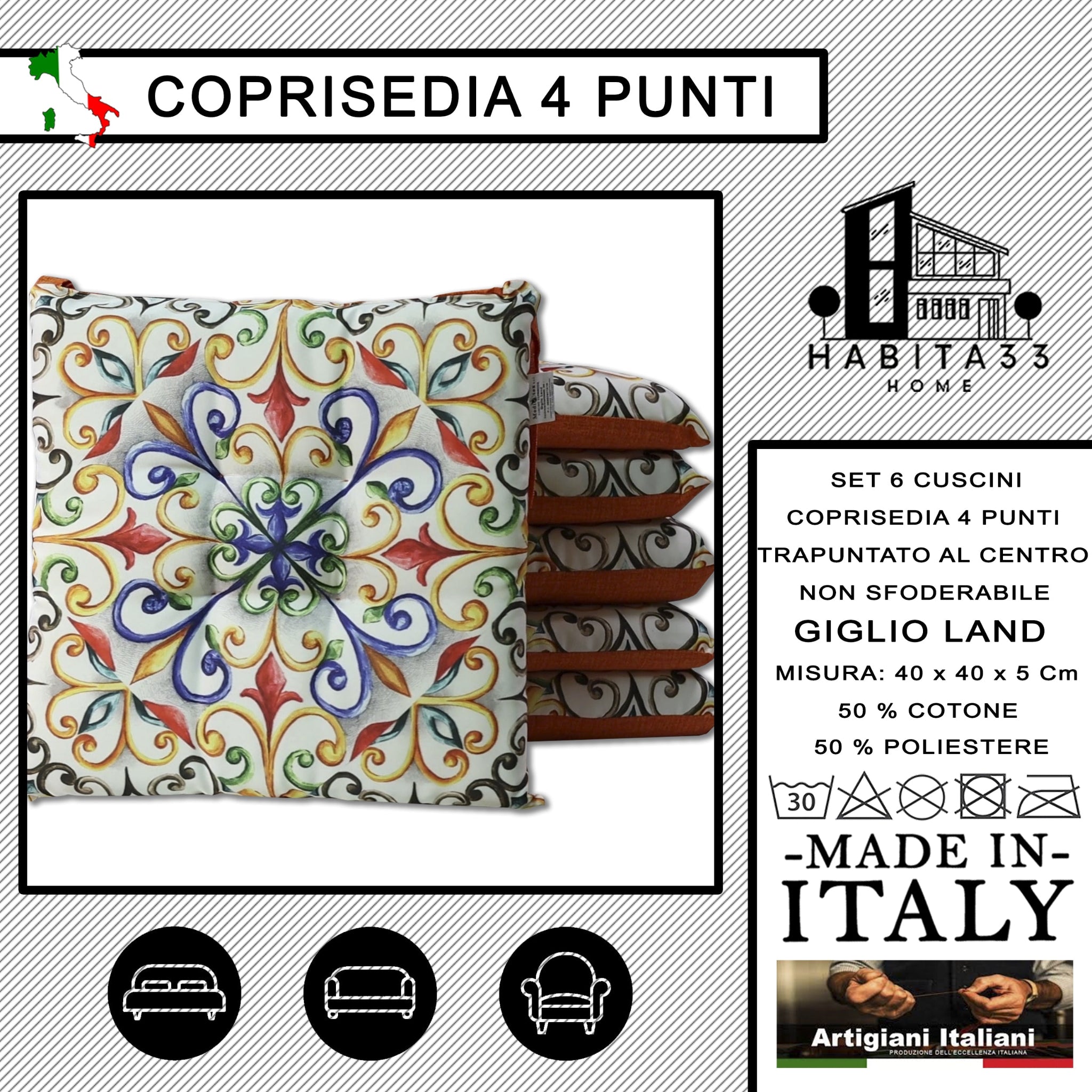 Set 6 Cuscini per Sedie da Cucina con Stampa Digitale 40x40x5 cm Made in Italy (Giglio Land)