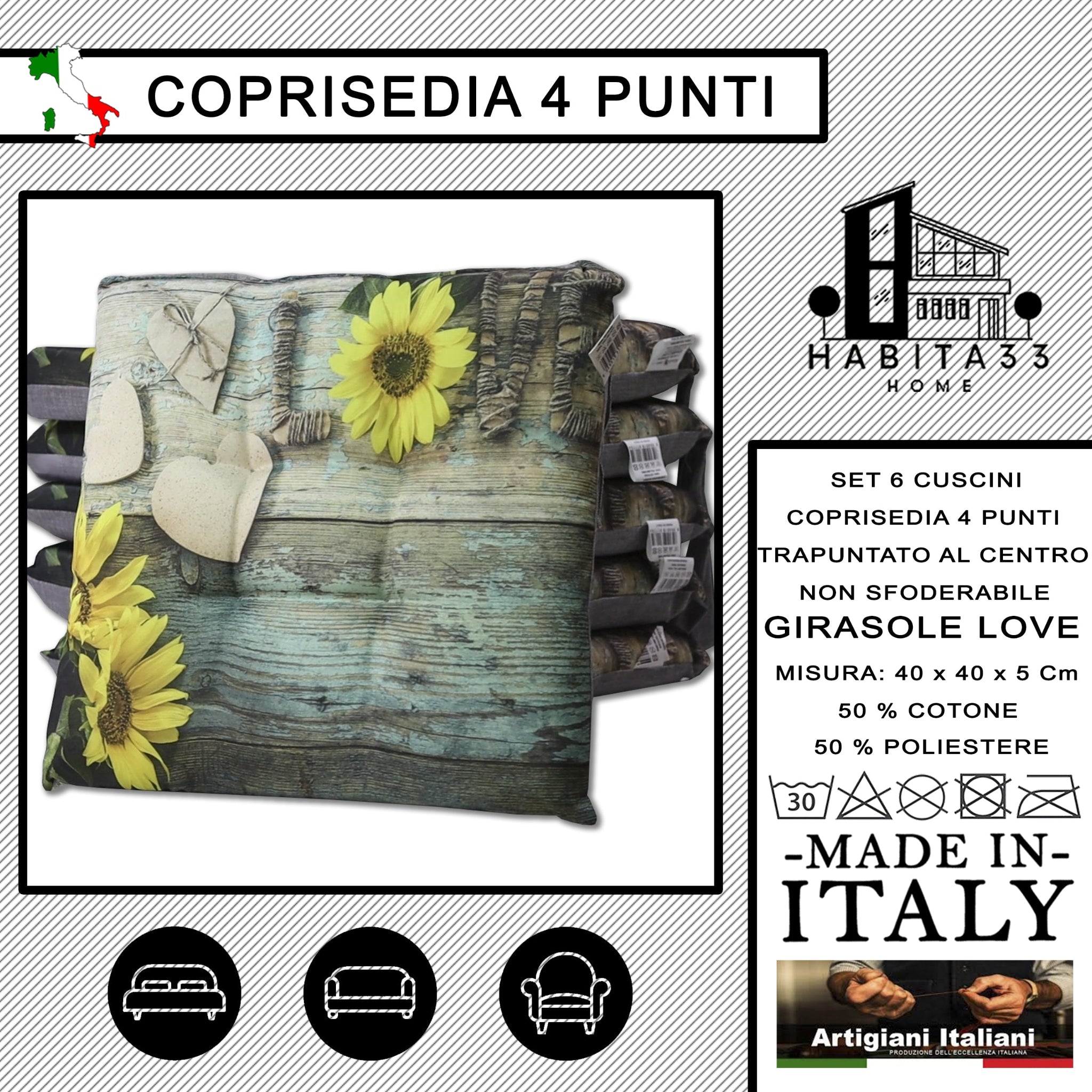 Set 6 Cuscini per Sedie da Cucina con Stampa Digitale 40x40x5 cm Made in Italy (Girasole Love)