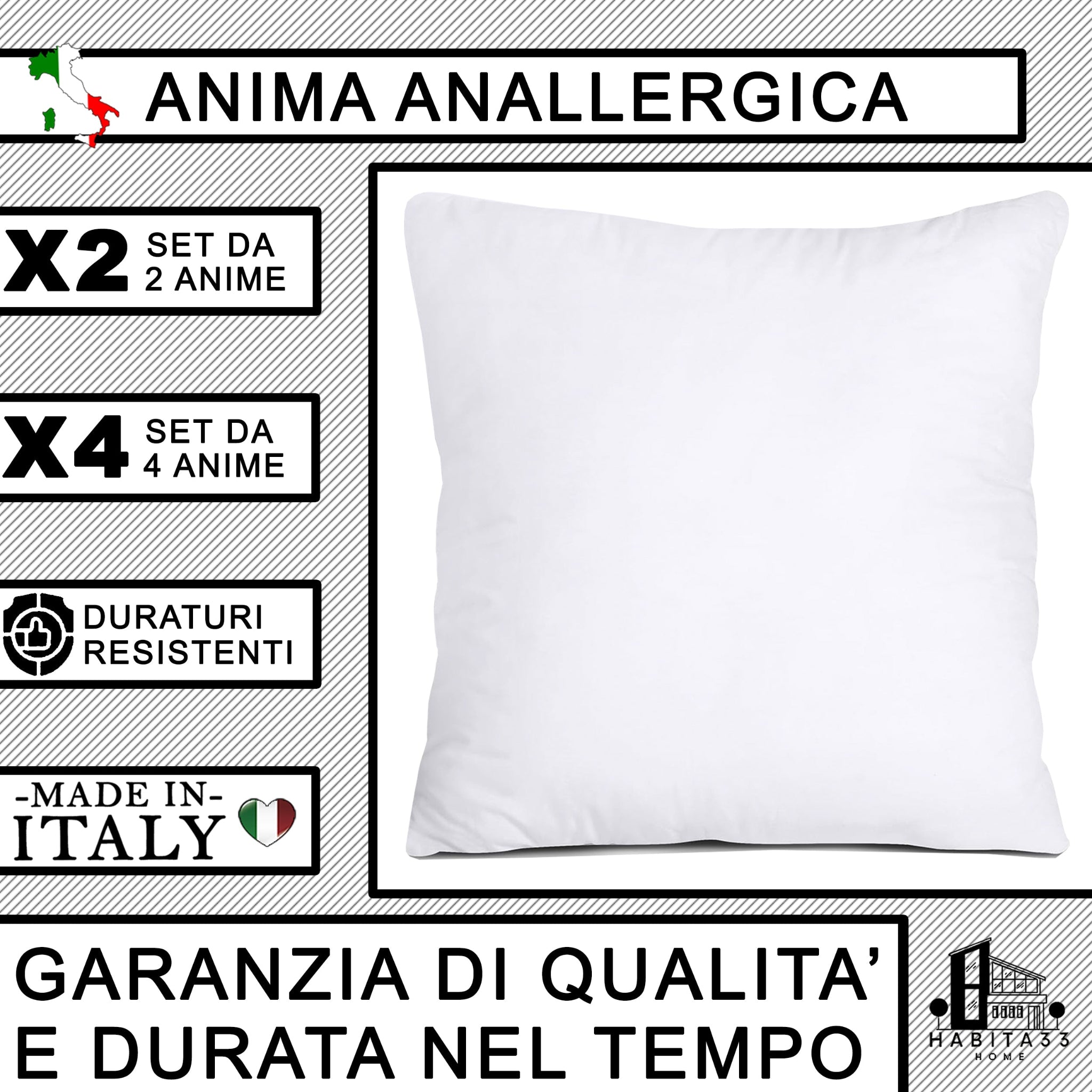Imbottitura Cuscini Anallergica Made in Italy – Set 2 o 4 Pezzi, 3 Misure (45x45, 50x50, 60x60 cm)