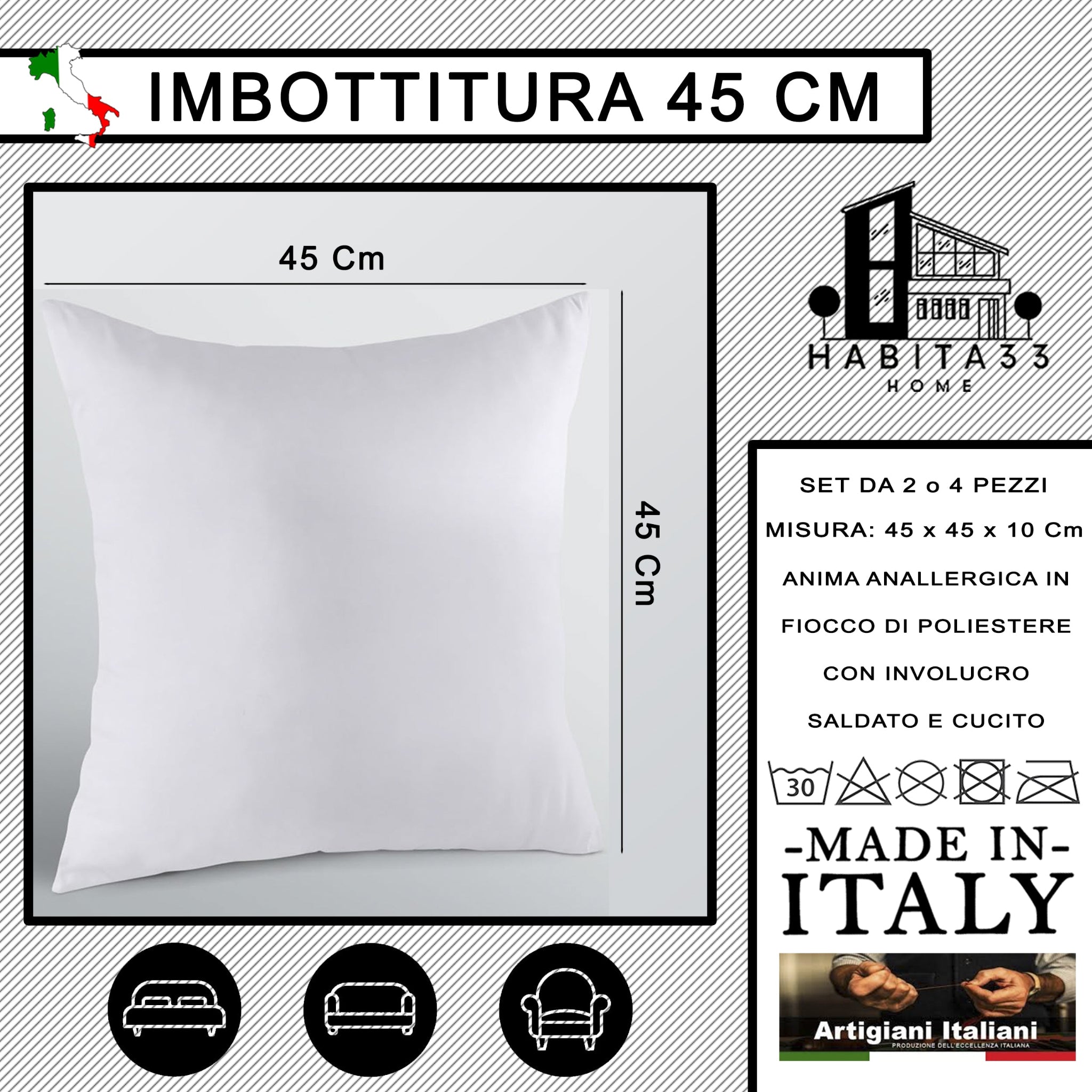 Imbottitura Cuscini Anallergica Made in Italy – Set 2 o 4 Pezzi, 3 Misure (45x45, 50x50, 60x60 cm)
