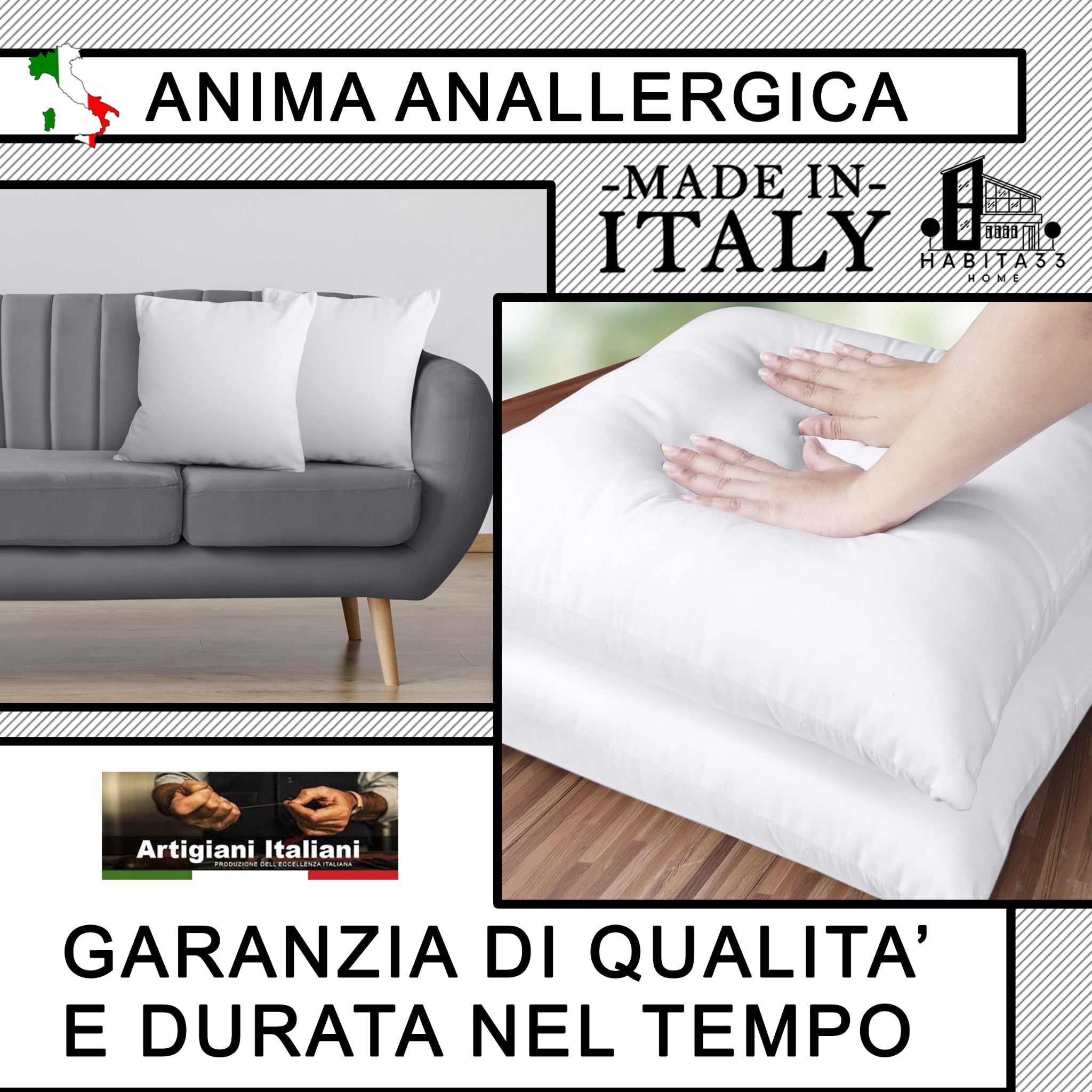 Imbottitura Cuscini Anallergica Made in Italy – Set 2 o 4 Pezzi, 3 Misure (45x45, 50x50, 60x60 cm)