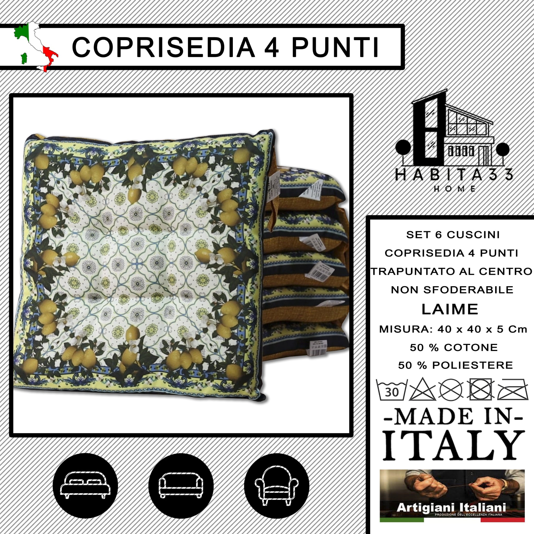 Set 6 Cuscini per Sedie da Cucina con Stampa Digitale 40x40x5 cm Made in Italy (Lime)