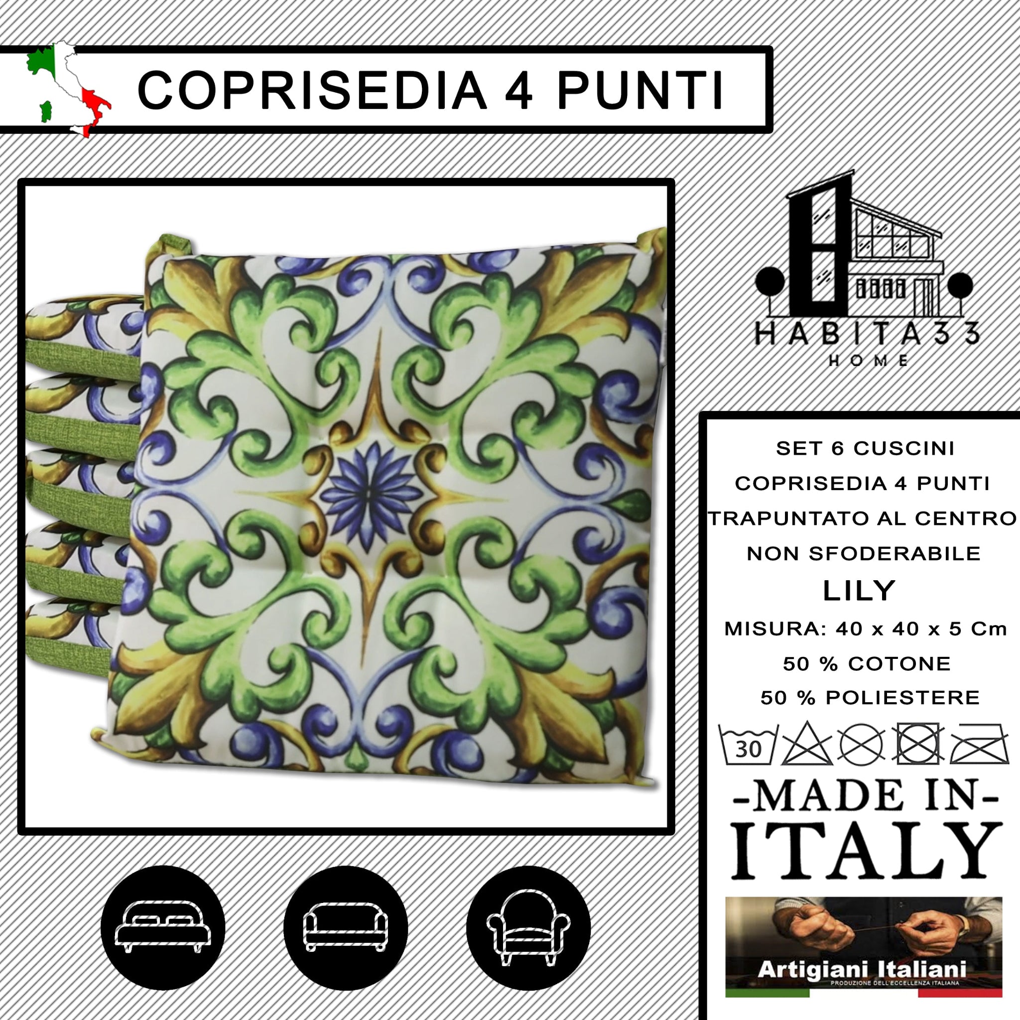 Set 6 Cuscini per Sedie da Cucina con Stampa Digitale 40x40x5 cm Made in Italy (Lily)