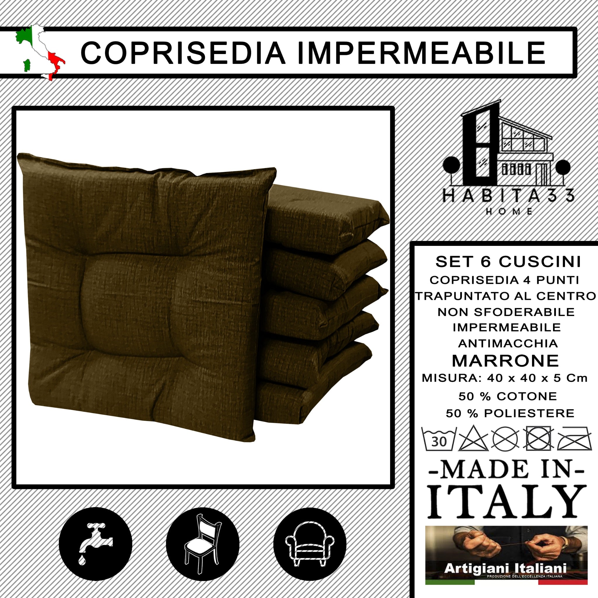 Set 6 Cuscini per Sedie da Cucina Idrorepellenti 40x40x5 cm – Double Face Made in Italy (Marrone)