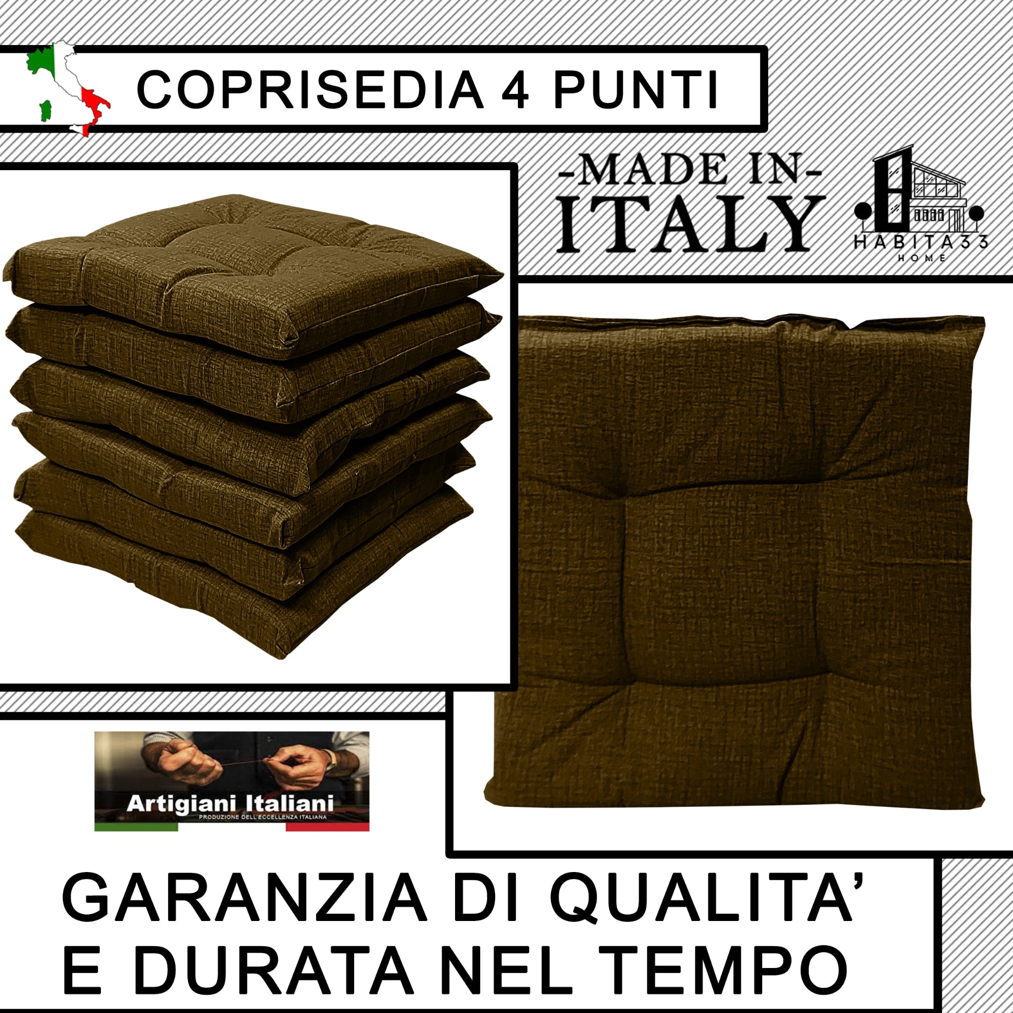 Set 6 Cuscini per Sedie da Cucina Idrorepellenti 40x40x5 cm – Double Face Made in Italy (Marrone)