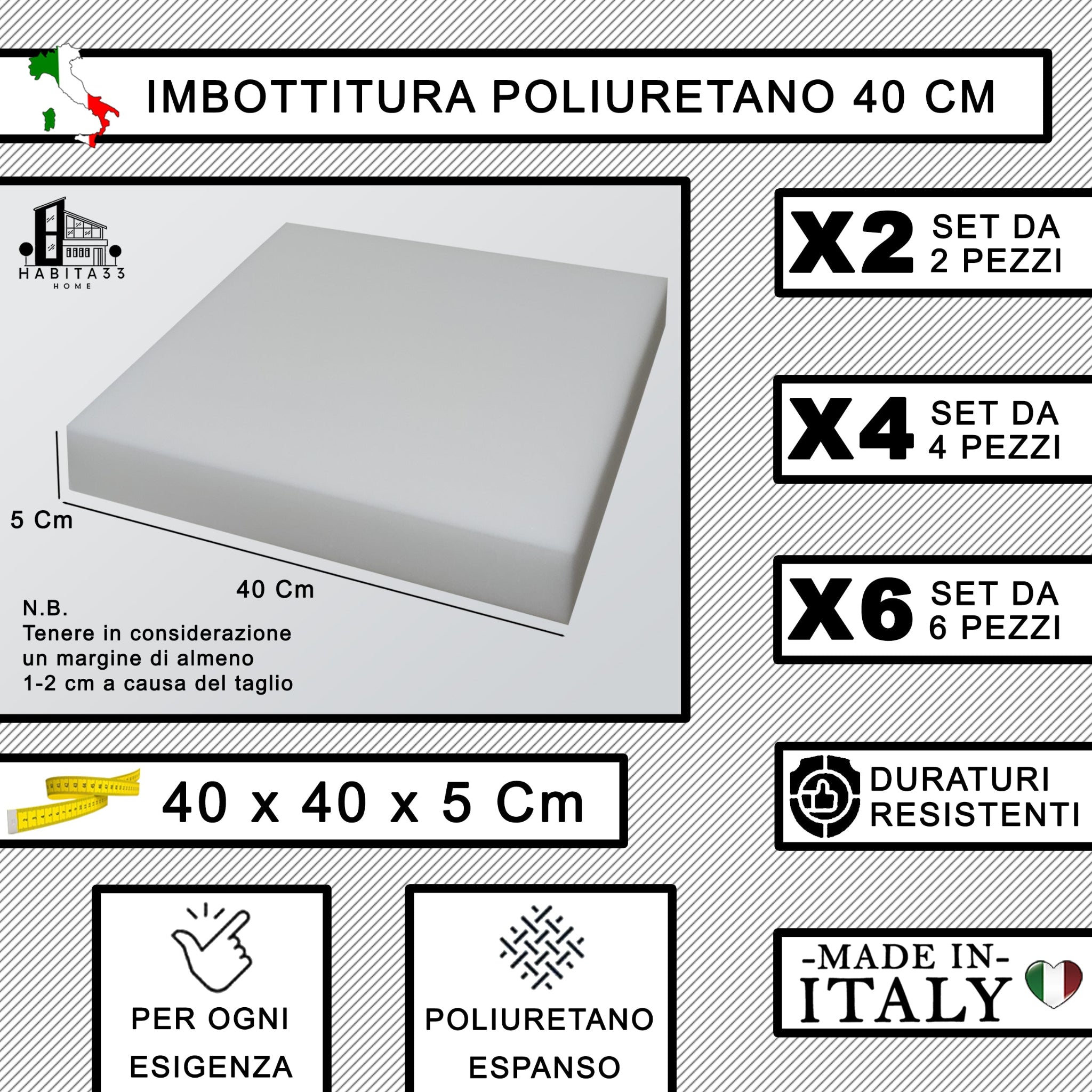Imbottiture Cuscini in Poliuretano Anallergico – Set 4/6 Pezzi, 3 Formati (40x40x5, 50x50x8, 50x50x10 cm) Made in Italy