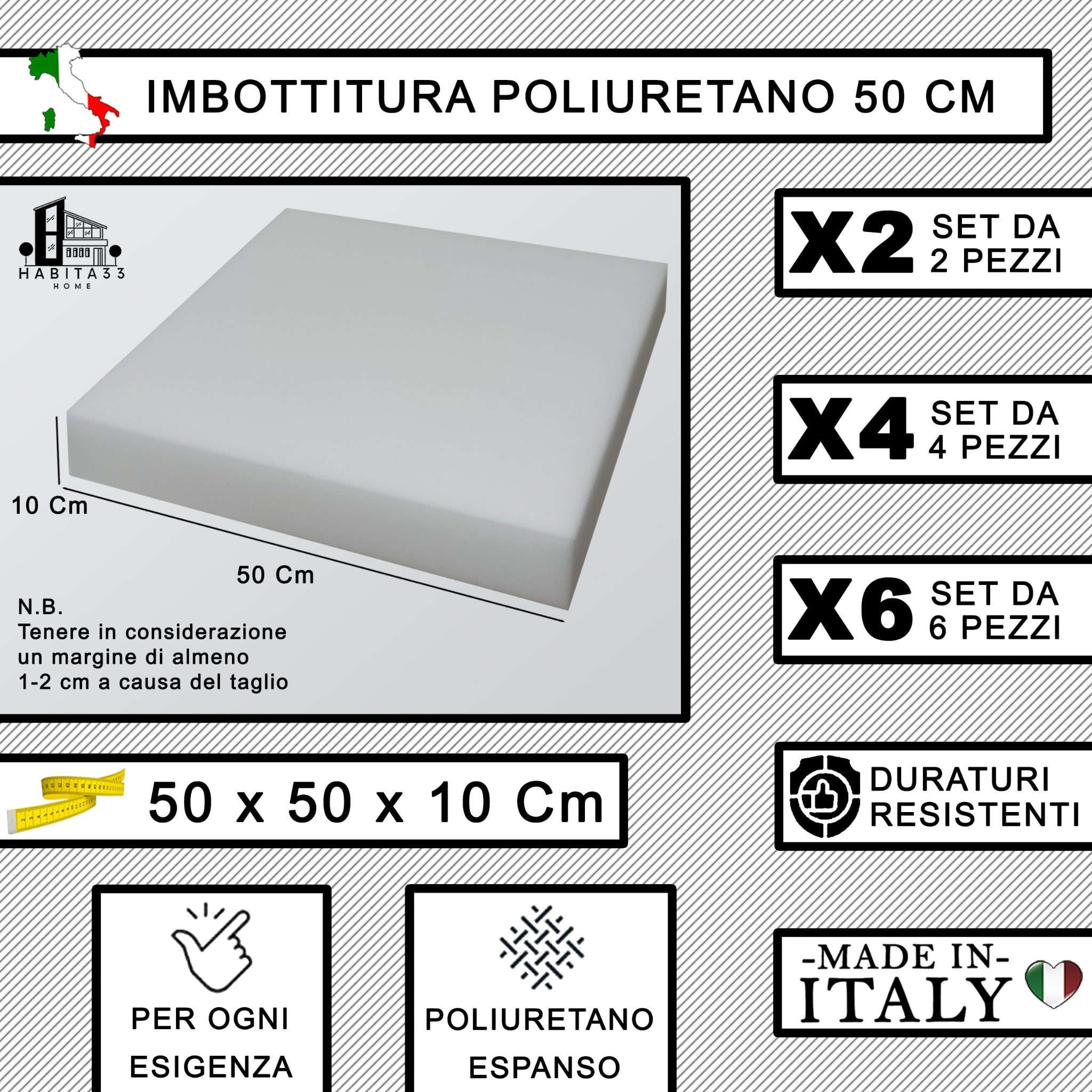 Imbottiture Cuscini in Poliuretano Anallergico – Set 4/6 Pezzi, 3 Formati (40x40x5, 50x50x8, 50x50x10 cm) Made in Italy
