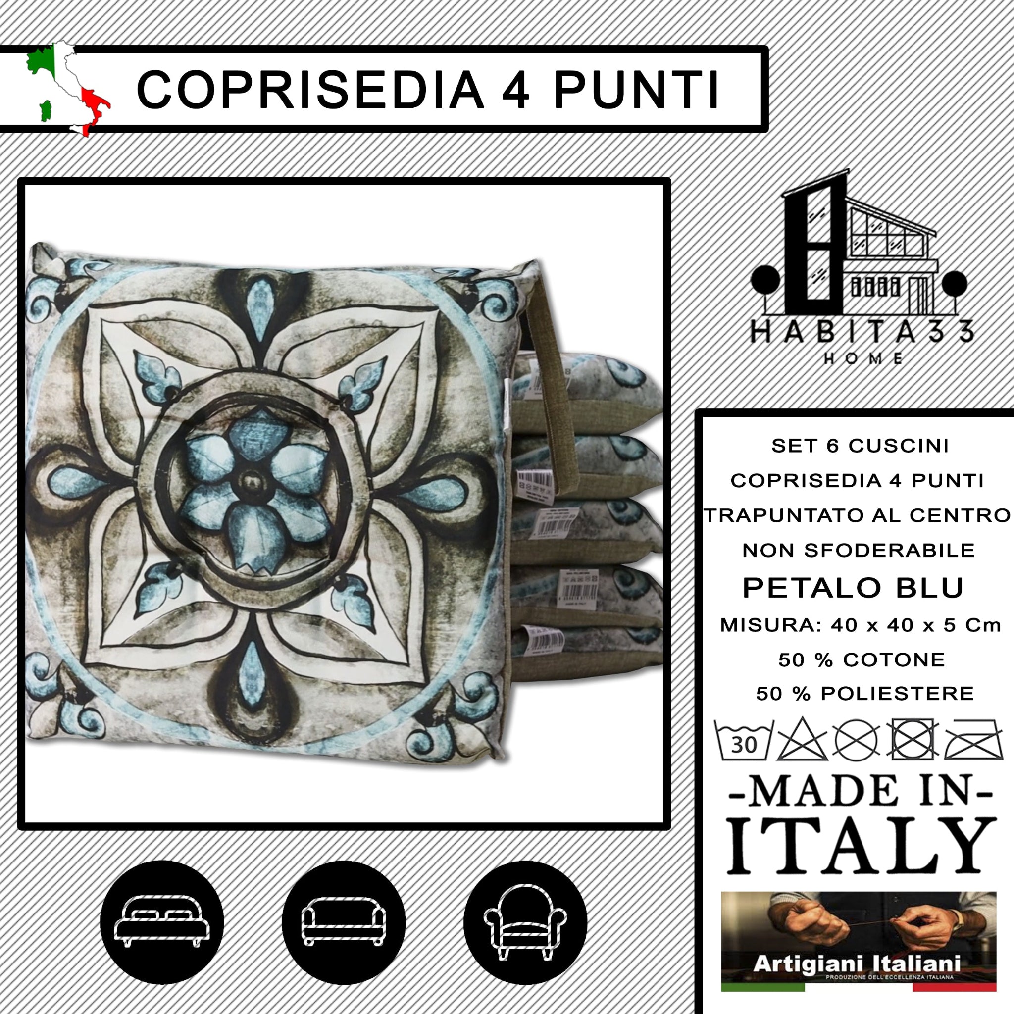 Set 6 Cuscini per Sedie da Cucina con Stampa Digitale 40x40x5 cm Made in Italy (Petalo Blu)