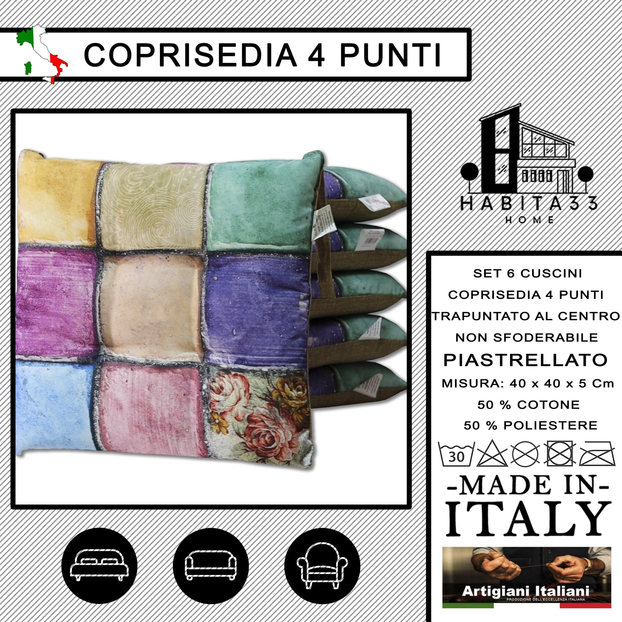 Set 6 Cuscini per Sedie da Cucina con Stampa Digitale 40x40x5 cm Made in Italy (Piastrellato)