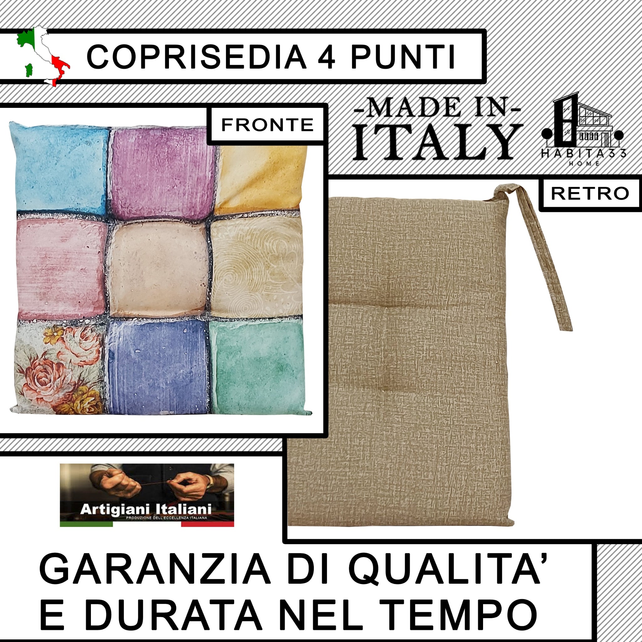 Set 6 Cuscini per Sedie da Cucina con Stampa Digitale 40x40x5 cm Made in Italy (Piastrellato)
