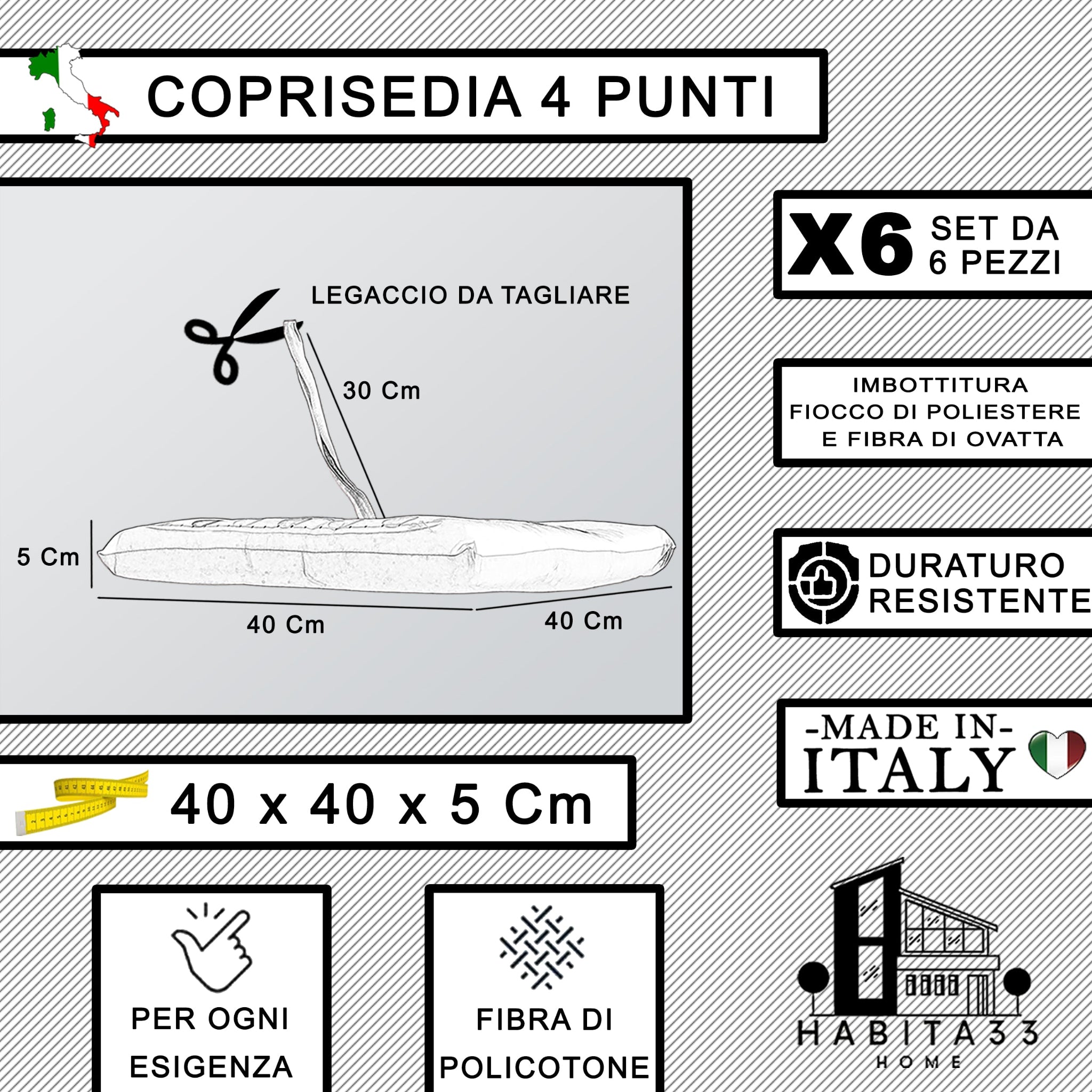 Set 6 Cuscini per Sedie da Cucina con Stampa Digitale 40x40x5 cm Made in Italy (Agrumi)