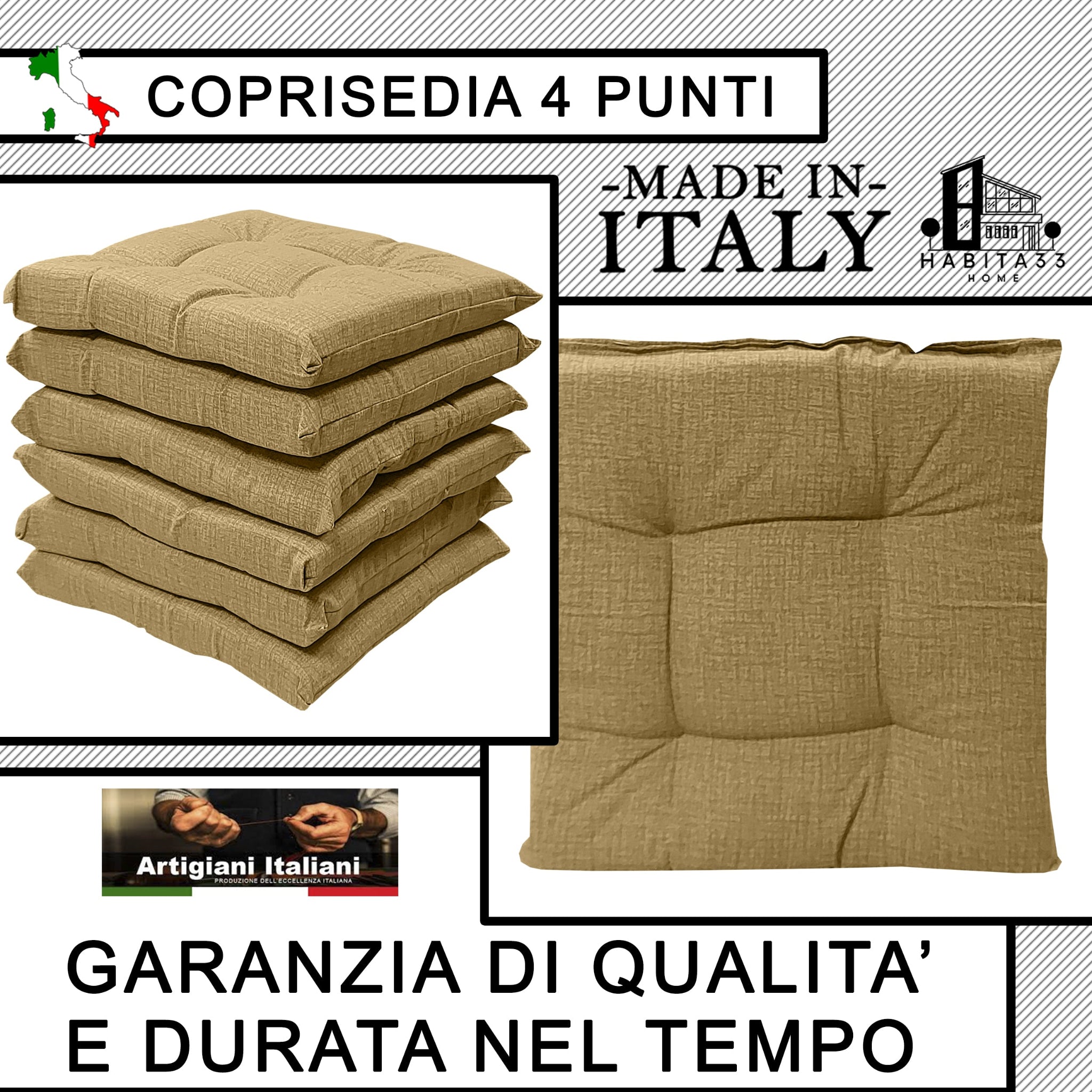 Set 6 Cuscini per Sedie da Cucina Idrorepellenti 40x40x5 cm – Double Face Made in Italy (Tortora)
