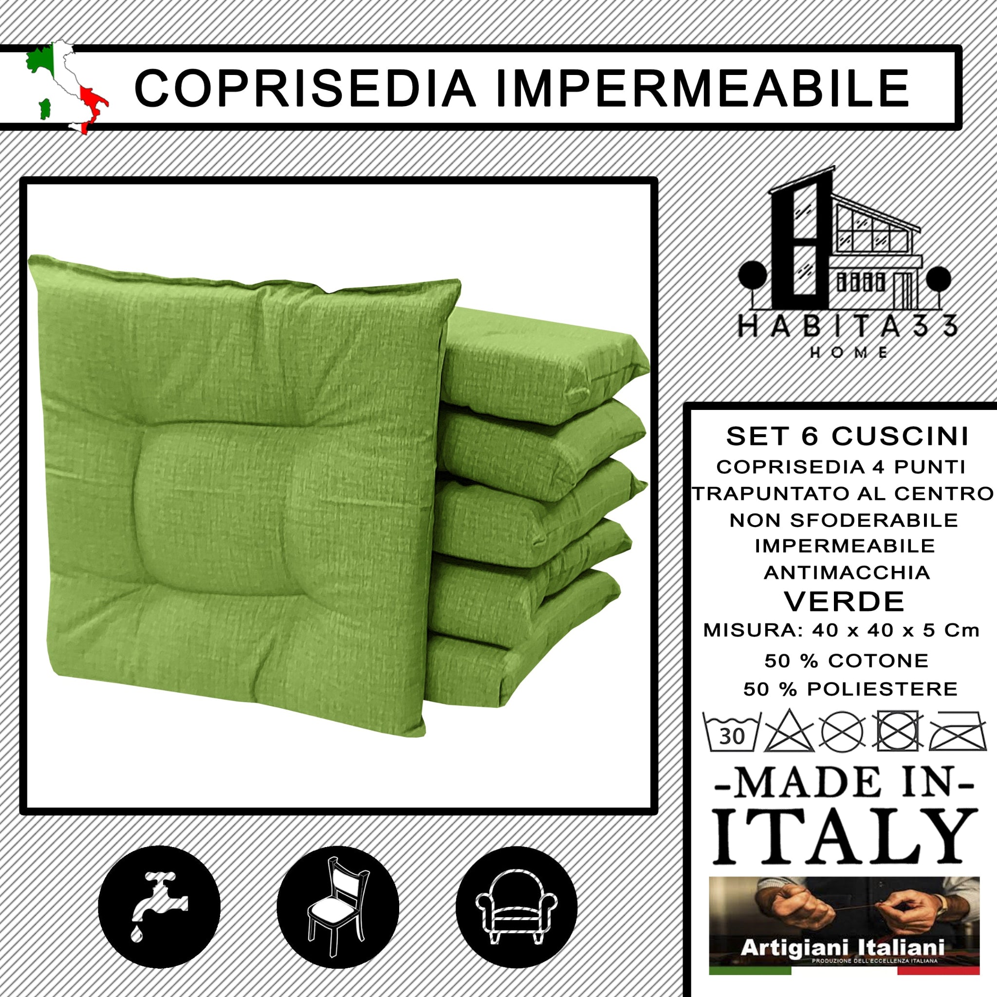 Set 6 Cuscini per Sedie da Cucina Idrorepellenti 40x40x5 cm – Double Face Made in Italy (Verde)