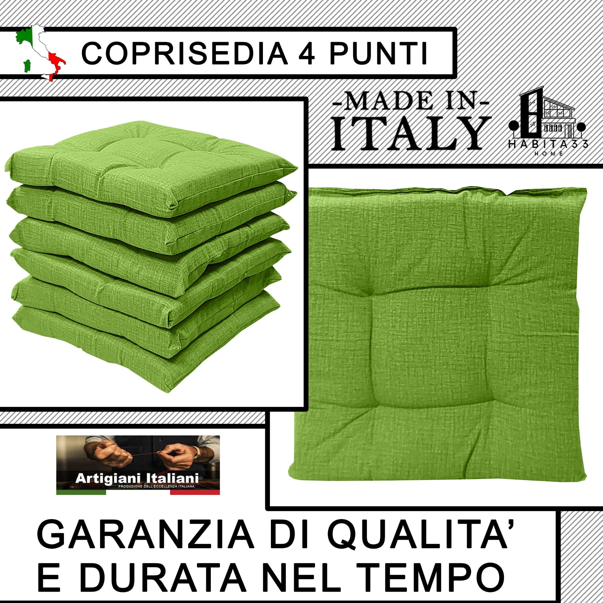 Set 6 Cuscini per Sedie da Cucina Idrorepellenti 40x40x5 cm – Double Face Made in Italy (Verde)